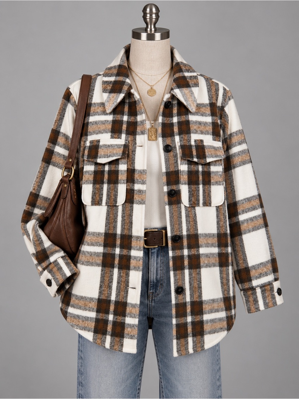 Dynamite White and Brown Plaid Button-Down Shacket